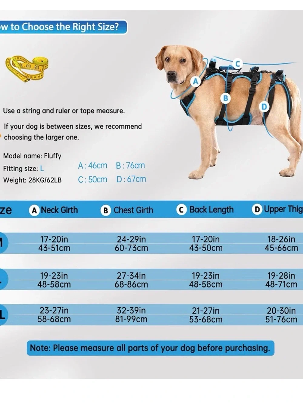 Blue Dog Support Harness with Lift Handle and Adjustable Straps